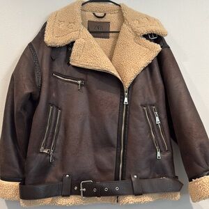 Zara Dark and Light Brown Sherpa Lined Zip Up Jacket - Size Medium
